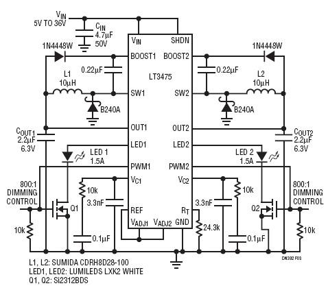 LT3475双通道高电压降压型LED驱动器可调节1.5A电路
