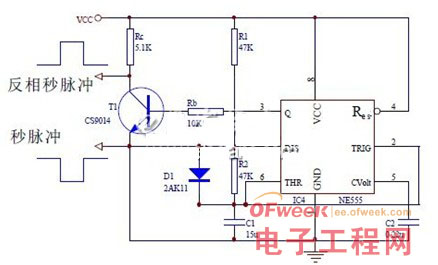 4 秒脉冲发生器电路   秒脉冲发生器由ne555 为核心的振荡器和反相器