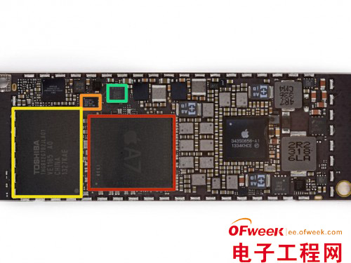 我们看看retina ipad mini上的各种芯片 红色:苹果a7 apl