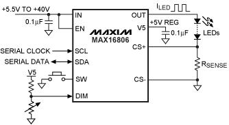 图1. 350mA线性HB LED驱动器IC MAX16806能够省去微控制器或开关模式转换器