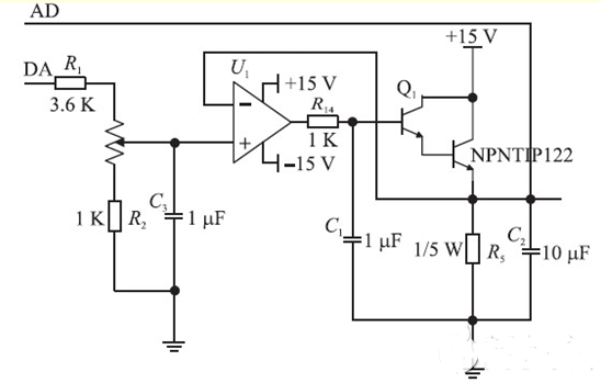 恒流源电路原理结构图如图2 所示,由于d/ a转换输出的模拟信号不稳定
